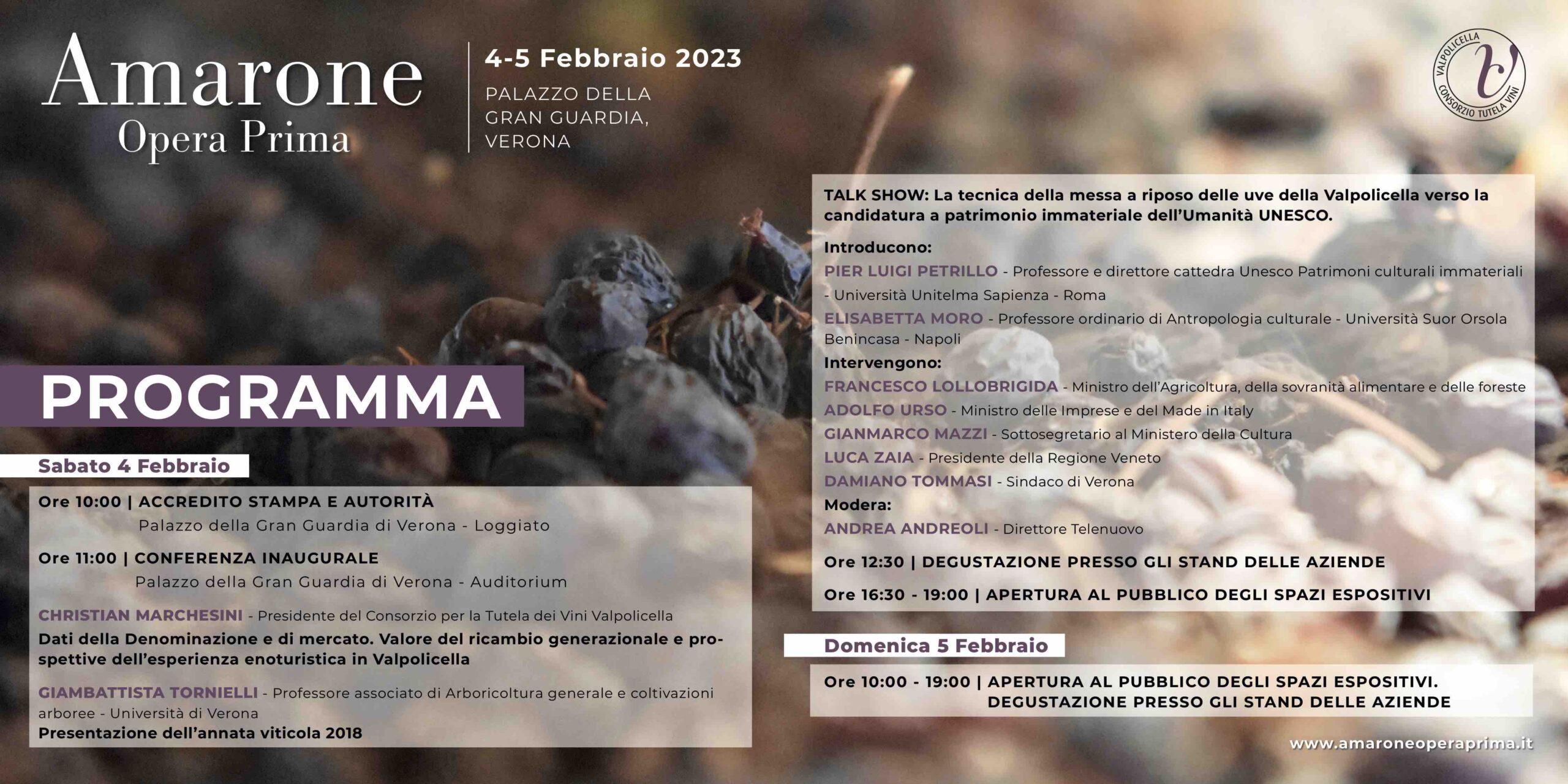 Consorzio Vini Valpolicella: torna Amarone Opera Prima, a Verona 4 e 5 febbraio