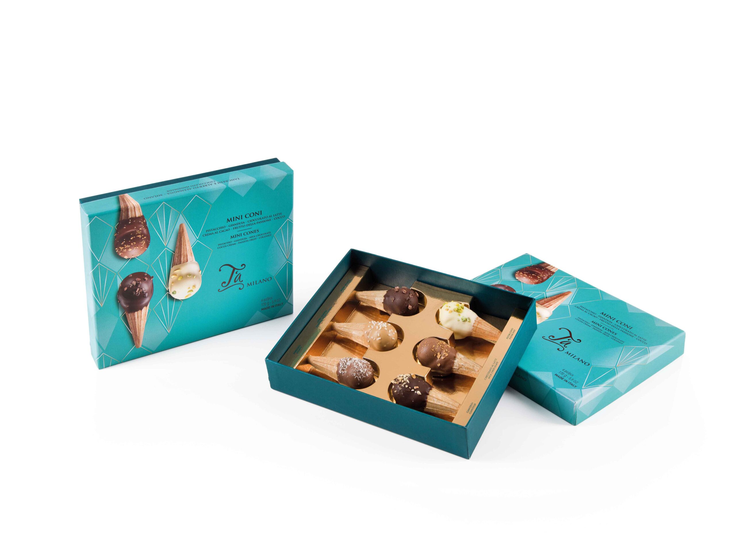 La raffinata Confezione Degustazione Mini Coni di T’a Milano racchiude sei capolavori di gusto, che ricordano piccoli e deliziosi gelati